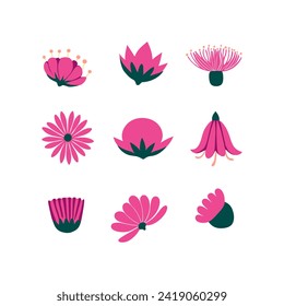 Set von minimalistischer Frühlingsflora in einer Vektorgrafik. Cartoon-Stil mit einfachen Blumen, Blättern, Ästen und Pflanzen. Sauberes und modernes Design.