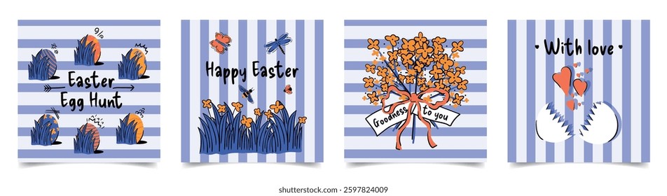 Set of minimalist square easter posters in doodle style. Square postcards in doodle style. Vector template for banner, post, advertisement
