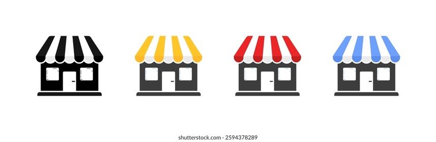 Set of minimalist storefront icons with colorful awnings on white background. Vector icon