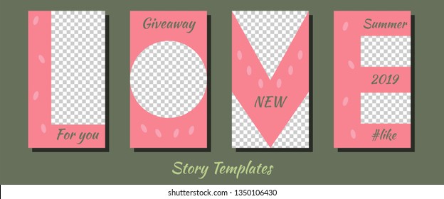 A set of minimalist stories for social networks. Frame. Package to create your unique content. Templates for stories. Template for horiz - the letters of love. Pink letters that look like berries