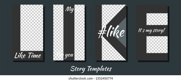 A set of minimalist stories for social networks. Frame for your photos. Seth to create your unique content. Templates for stories. Pattern in the shape of letters. Black letters.