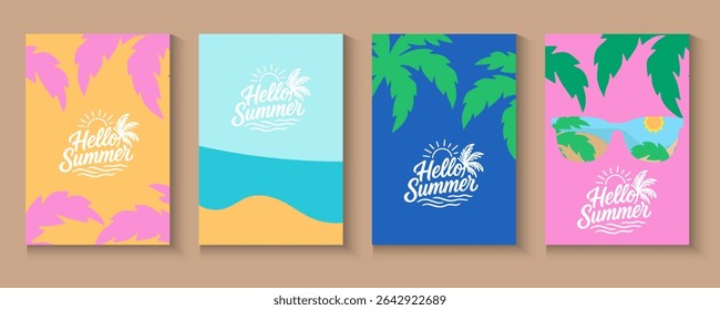 Set of Minimalist summer background with palm leaves. Tropical summer leaf shadow design. spring cards with daisy flowers, Summer sale banner. poster, card, cover for ads promo,web post with copyspace