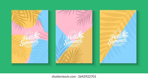 Set of Minimalist summer background with palm leaves. Tropical summer leaf shadow design. spring cards with daisy flowers, Summer sale banner. poster, card, cover for ads promo,web post with copyspace