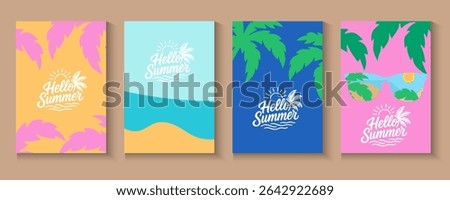 Set of Minimalist summer background with palm leaves. Tropical summer leaf shadow design. spring cards with daisy flowers, Summer sale banner. poster, card, cover for ads promo,web post with copyspace