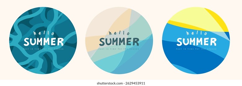 Set of minimalist summer posters with abstract shapes in round frames. Soft tones and layered designs make it perfect for seasonal ads, web, and creative layout backgrounds.