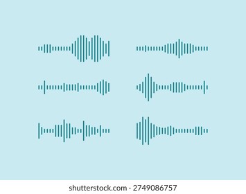 Set of minimalist teal sound wave icons and audio frequency equalizer bars isolated on a light blue background