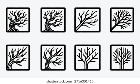 Conjunto de iconos de árbol minimalista en marco cuadrado sobre fondo blanco