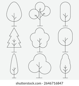 Set of Minimalist Tree Outline Icons in Simple Linear Style