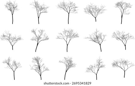 Conjunto de siluetas minimalistas de árboles con ramas desnudas sobre un fondo blanco para proyectos de Diseño gráfico