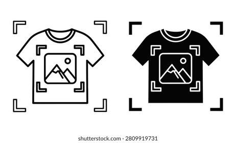 A set of minimalist t-shirt icons featuring mountain landscape graphics for custom apparel printing design.