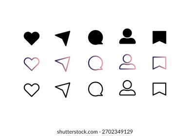 Satz minimalistischer UI-Symbole mit Herz-, Sende-, Chat-, Benutzer- und Lesezeichen-Symbolen in Solid-, Farbverlauf- und Gliederungsstilen. Entwickelt für moderne Apps, Web-Schnittstellen, Social-Media-Funktionen und digitale Medien