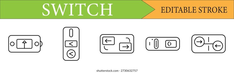 Conjunto de iconos de interruptor de interfaz de usuario minimalista con controles direccionales. Ideal para App móviles, interfaces de Web y diseños de paneles de control. Vector línea arte.
