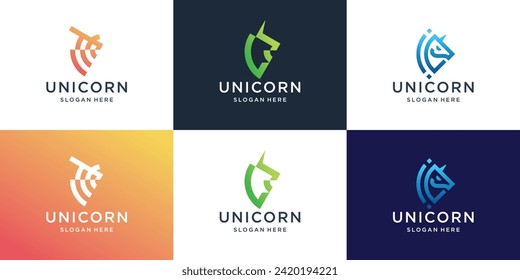 set of minimalist unicorn logos, Abstract line art style unicorn head with gradient color inspiration.