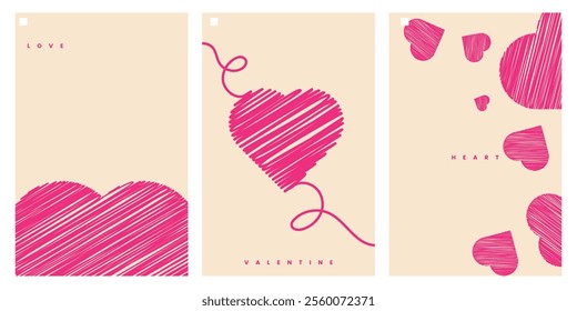 Set of Minimalist Valentine Romance Cards with Hearts. Happy Valentine Day