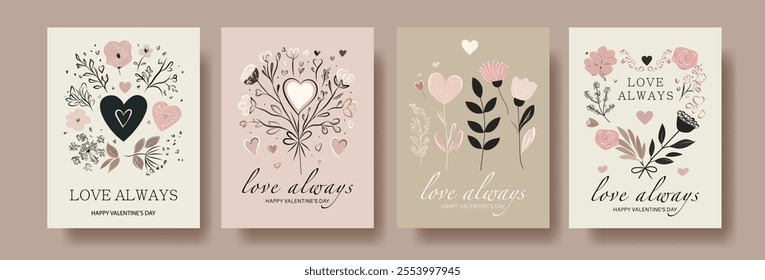 Set of Minimalist Valentine's Day Cards in Soft Pastel Colors. Elegant Floral and Heart Motifs with Romantic Messages Like 'Love Always' and 'Be Mine'. Perfect for Holiday Designs	

