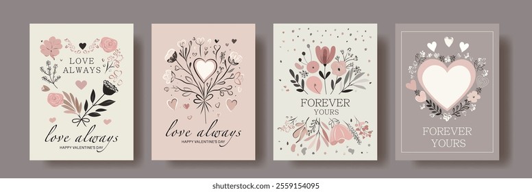 Set of Minimalist Valentine's Day Cards in Soft Pastel Colors. Elegant Floral and Heart Motifs with Romantic Messages Like 'Love Always' and 'Be Mine'. Perfect for Holiday Designs	