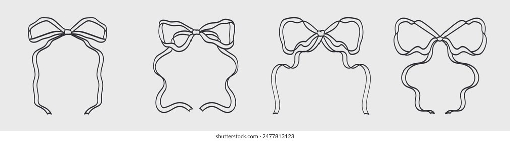 Set of minimalist various bow knots, tie ups, gift bows. Hand drawn Vector illustration. Isolated design elements. Wedding celebration, holiday, party decoration, gift, present concept