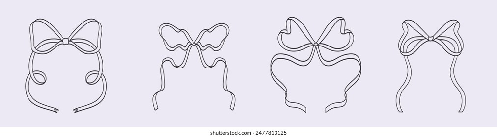 Set of minimalist various bow knots, tie ups, gift bows. Hand drawn Vector illustration. Isolated design elements. Wedding celebration, holiday, party decoration, gift, present concept