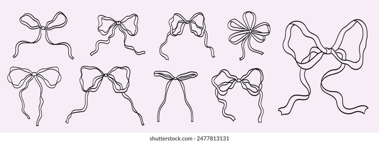 Set of minimalist various bow knots, tie ups, gift bows. Hand drawn Vector illustration. Isolated design elements. Wedding celebration, holiday, party decoration, gift, present concept