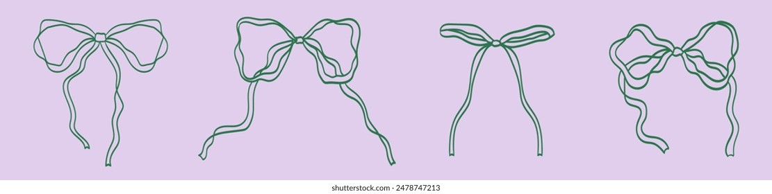 Set of minimalist various bow knots, tie ups, gift bows. Hand drawn Vector illustration. Isolated design elements. Wedding celebration, holiday, party decoration, gift, present concept