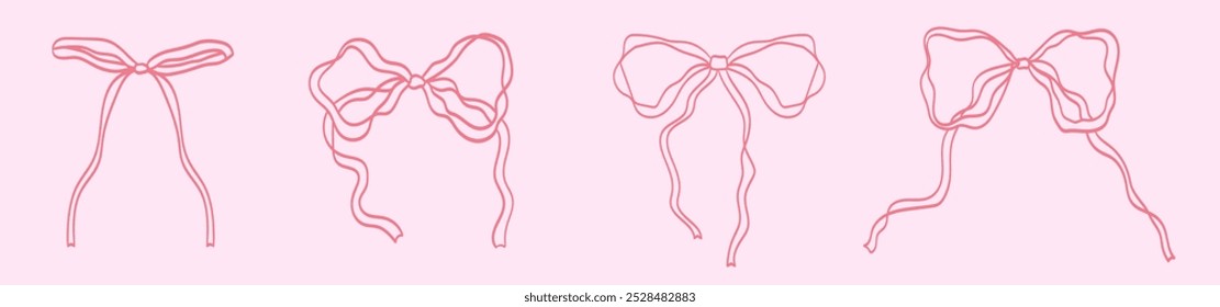 Set of minimalist various bow knots, laces, ribbons. Hand drawn Vector illustration in coquette style. Isolated design elements. Wedding celebration, holiday, party decoration, gift, present concept.