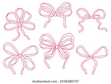 Set of minimalist various bow knots, laces, ribbons. Set with bow ribbon. Set, collection of cute bows for girls. Cute coquette bow collection vector, romantic ribbon bow