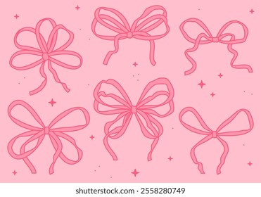 Set of minimalist various bow knots, laces, ribbons. Set with bow ribbon. Set, collection of cute bows for girls. Cute coquette bow collection vector, romantic ribbon bow