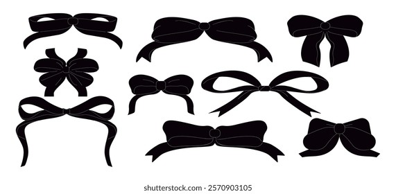 Set of minimalist various bow knots, tie ups, gift bows. Vector illustration. Isolated design elements. Wedding celebration, holiday, party decoration, gift, present concept.
