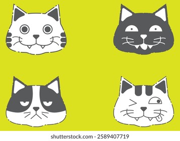 Set of minimalist vector cat faces with cute expressions. Editable colors. Perfect for stickers, icons, greeting cards, and more.