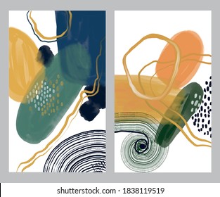 Set of Minimalist vector hand paint abstract art background with watercolor spot. Brush painting is a textural decoration with an artistic acrylic design of a poster, banner, or interior painting.