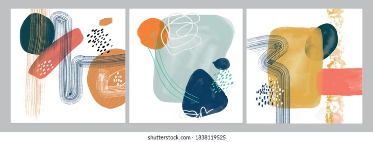 Set of Minimalist vector hand paint abstract art background with watercolor spot. Brush painting is a textural decoration with an artistic acrylic design of a poster, banner, or interior painting.