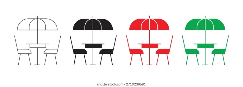 Conjunto de ícones vetoriais minimalistas com um arranjo de jantar ao ar livre café com uma mesa, duas cadeiras e um guarda-sol, ideal para web e design de interface de aplicativo.