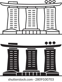 A set of minimalist vector icons featuring the iconic silhouette of a famous hotel and resort complex in Singapore.