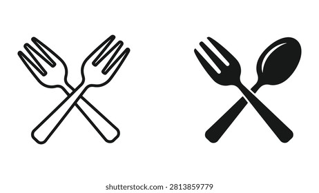 A set of minimalist vector icons featuring crossed fork and spoon utensils in both outline and solid black styles.