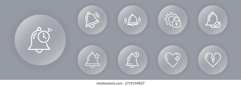 Un conjunto de iconos vectoriales minimalistas que incluyen sueño, alarmas, notificaciones, bloqueo de seguridad y corazón