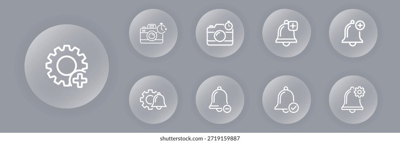 Un conjunto de iconos vectoriales minimalistas que incluyen cámaras, campanas y engranajes que representan la Fotografía