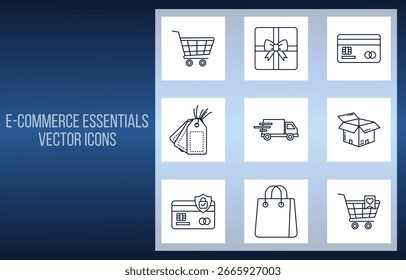 A set of minimalist vector icons representing essential elements of online shopping and e-commerce processes.