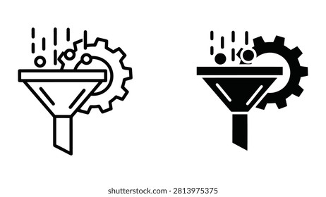 A set of minimalist vector icons showing a funnel and industrial gear representing a filtering process.