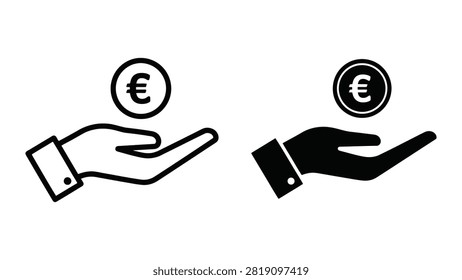 A set of minimalist vector icons showing an open hand holding a Euro currency symbol in both outline and solid styles.