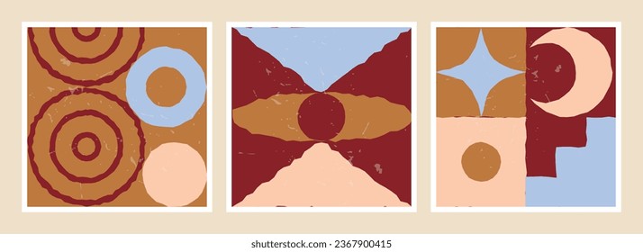 Conjunto de ilustraciones vectoriales minimalistas con formas primitivas, estética moderna de mediados de siglo, para afiches, postales, portadas o arte de pared