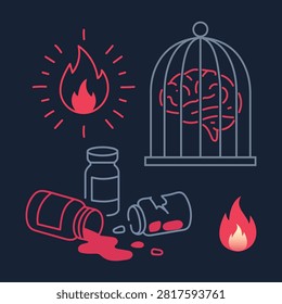A set of minimalist vector illustrations representing mental health, burnout, and addiction, featuring a brain in a cage, spilled medicine bottles, and fire icons