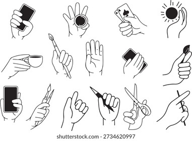 Conjunto de ilustraciones minimalistas de arte de línea de Vector de manos en varios gestos y sosteniendo objetos como un teléfono inteligente, pincel, taza de café, tijeras y naipes.