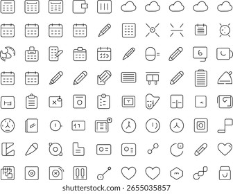 Satz minimalistischer Vektorliniensymbole für Web- und App-UI, einschließlich Kalender, Cloud, Datei, Dokument, Zeit, Tools, Einstellungen, Daten, Speicherort, Kommunikation, Benutzer und kreative Elemente für moderne Projekte