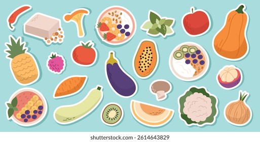 Set of minimalist vegan stickers with fruits and veggies in flat design and soft color palette. No outline, clean and fresh.
