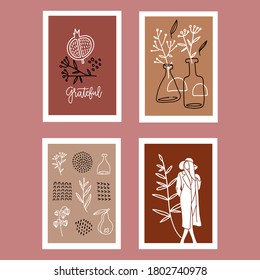 Set of Minimalist vertical posters with abstract organic shapes composition - leaves branches, woman, dots in trendy contemporary collage style, can be used for wall art decoration, postcard, cover