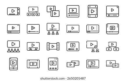 Set of minimalist video player icons depicting multimedia entertainment and streaming content