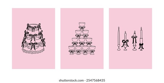 Conjunto de cartazes vintage minimalistas com bolo de casamento, velas e pirâmide de champanhe com arcos pretos. Ilustração desenhada à mão vetorial em coquette estética