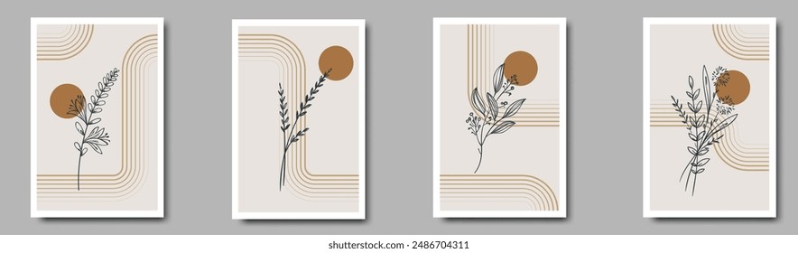 Conjunto de arte minimalista en pared. Estampados geométricos Abstractas para interiores de estética boho. Estampados de pared de decoración casera, colores de terracota.