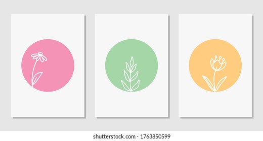 set of minimalist wall poster decoration art with floral flower and leaf doodle and colorful circle background. Modern posters for wall art, prints, cards, instagram highligh instastory. vector design