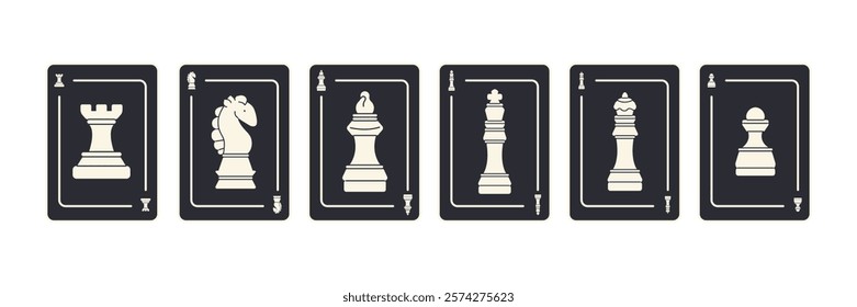 Set of minimalist white chess piece card illustrations featuring kings, queens, rooks, bishops, knights, and pawns in black and white.Strategic game lovers, board game enthusiasts